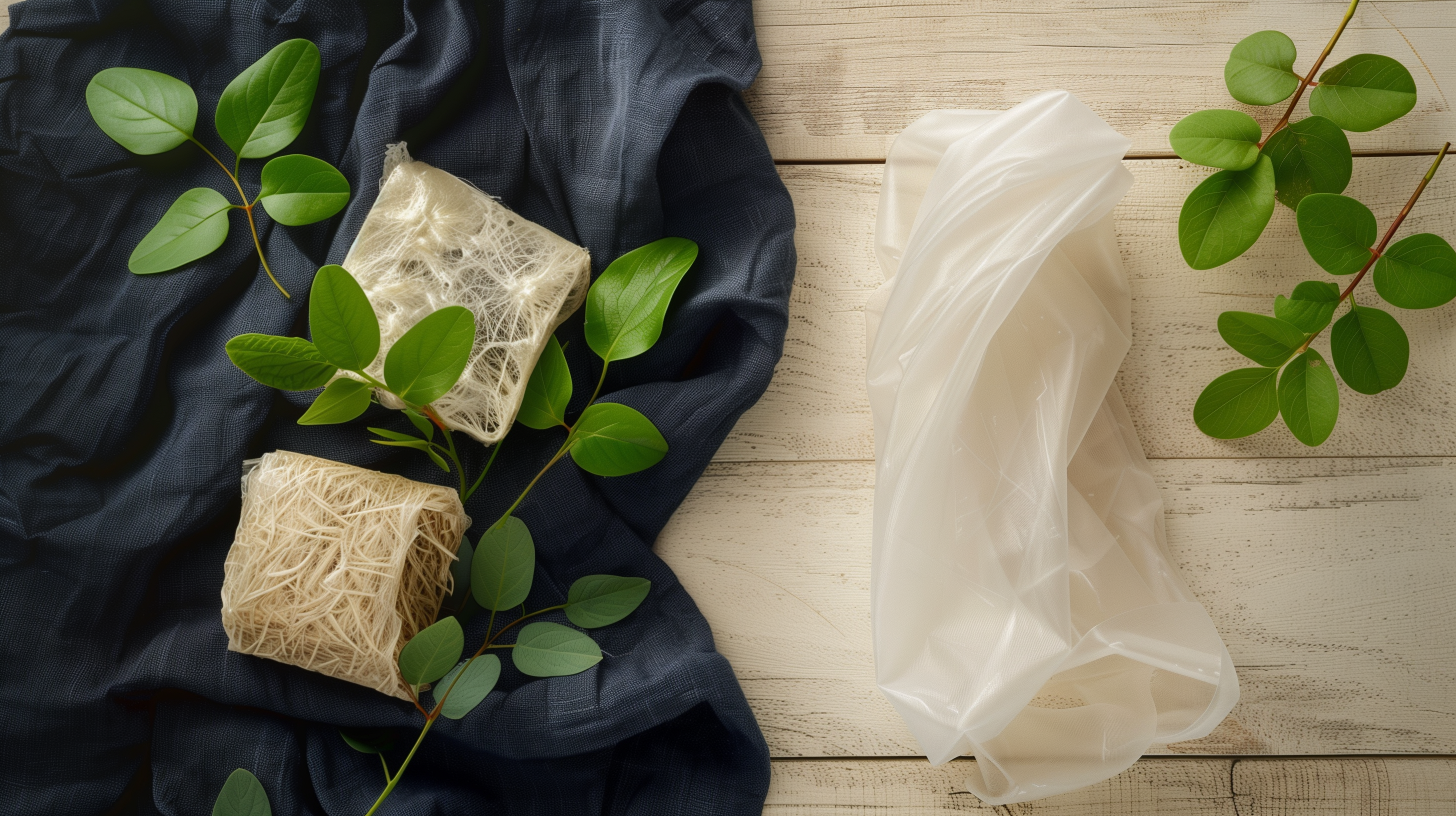 Biomaterial samples arranged with green leaves